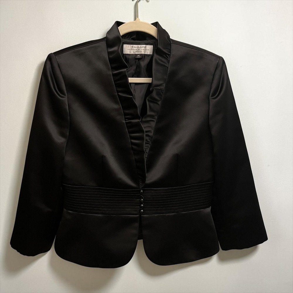 Vintage Satin Blazer Jacket Women's Medium Black Ruffle Vamp Feminine Peplum